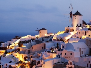 santorini, Night, Windmills, Greece, Houses