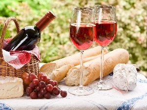 sausage, roll, cheese, Bottle, Grapes, Wines
