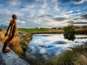 sculpture, grass, Mountains, Human, lake