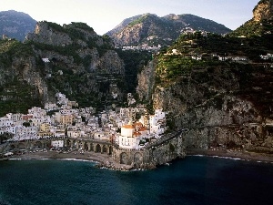 sea, Mountains, Atrani, Town