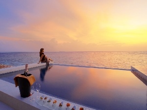 sun, sea, Hotel hall, Women, west, Pool, Champagne