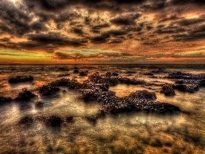 sea, Stones rocks, west, clouds, sun