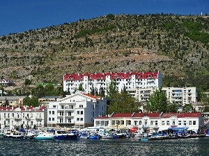 Hill, sea, Houses, Ukraine, port, Balaklava, Town