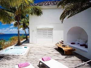 sea, Palms, house, terrace