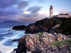 sea, rocks, Lighthouse, Ireland, maritime