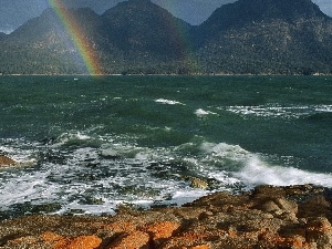 sea, Great Rainbows, Mountains
