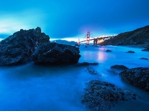 sea, Gate, bridge, rocks, golden