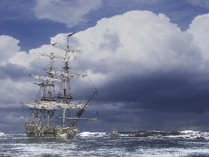 sea, clouds, sailing vessel