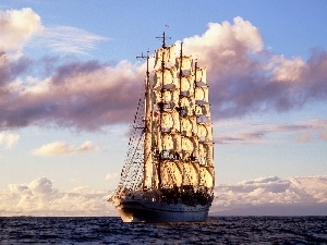 sea, clouds, sailing vessel