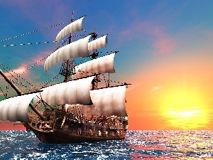 sea, sun, Ship, west