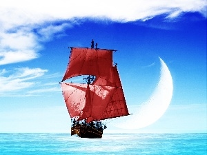 sea, sails, sailing vessel, Sky, Red