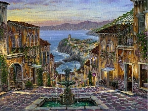 sea, fountain, Street, Houses