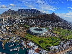 sea, Stadium, Town, Mountains