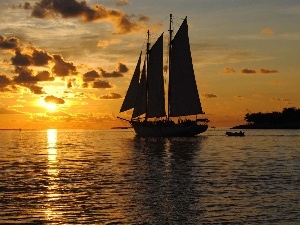 sea, clouds, west, sailing vessel, sun