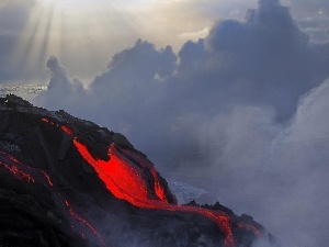sea, smoke, volcano, Lava