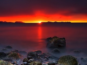 sea, Stones, west, sun