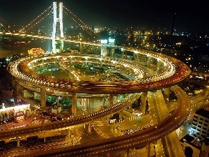 Shanghai, panorama, bridge, night, flyover