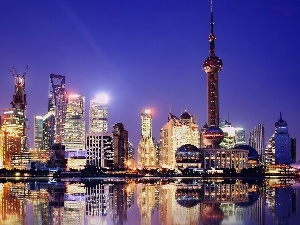 Shanghai, panorama, skyscrapers, night, clouds