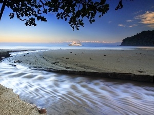 Ship, sea, Beaches, trees