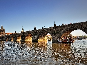 Ship, ducks, bridge, cruise, River