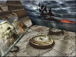Ship, pictures, Map, compass