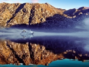 Ship, Fog, Mountains, passenger, River