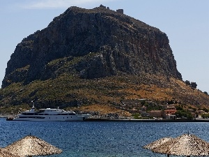 sea, Ship, mountains