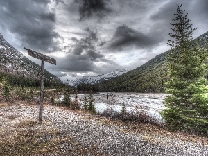 sign-post, River, clouds, Mountains