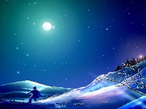 Skier, moon, graphics, Kagaya, snow