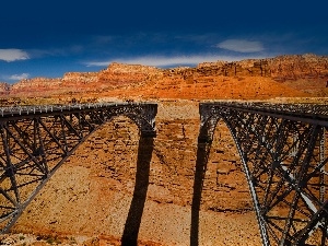 Sky, canyon, Two cars, Bridges