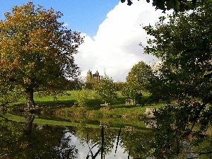 Sky, viewes, lake, Castle, trees