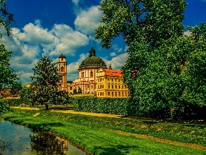 Sky, viewes, River, palace, clouds, trees