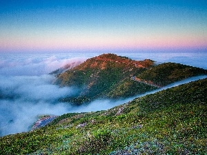 Sky, Way, Fog, Mountains