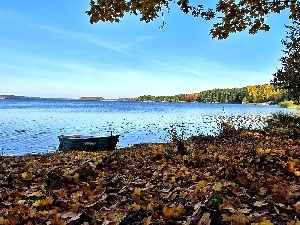 Sky, lake, Boat, autumn, maple, Leaf