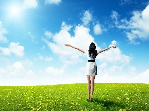 Sky, Flowers, Meadow, girl