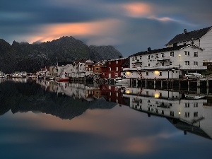 Sky, Mountains, evening, Houses, port, lake