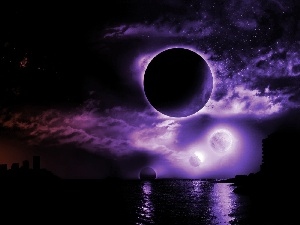 Sky, sea, Night, purple, Moon