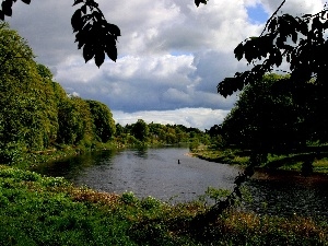 Sky, cloudy, River, green