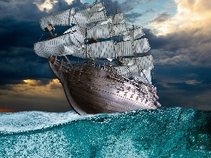 Sky, water, Ship, sails