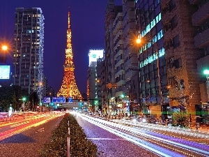 Night, skyscraper, tower, Japan, Street, Tokio, Tower