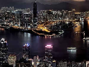 skyscrapers, buildings, town, clouds, night