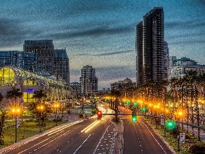 skyscrapers, night, Way, San, clouds, Diego