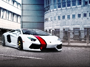 skyscrapers, parking, Lamborghini, Aventador