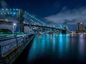 Night, skyscrapers, Brooklyn, Floodlit, New York, bridge