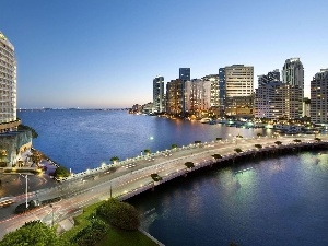 skyscrapers, Ocean, bridge, Miami, panorama, Floryda