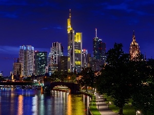 Frankfurt, skyscrapers, City at Night, bridge, Germany, River