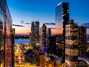 River, skyscrapers, New York, Great Sunsets, USA