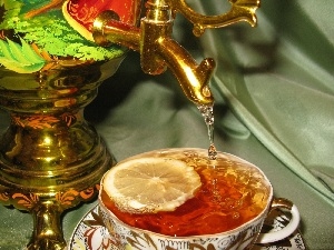 slice, tea, samovar, lemons, cup