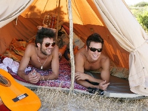 Smile, Guitar, men, Glasses, Tent