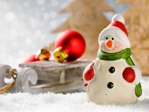 snow, sledge, Christmas, baubles, Snowman